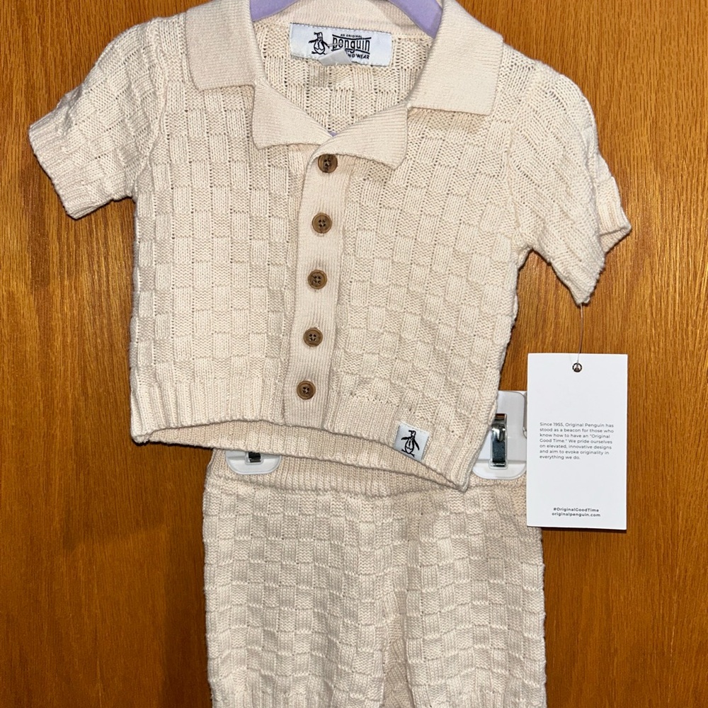 100% Cotton Cream Knit Button-Up Set